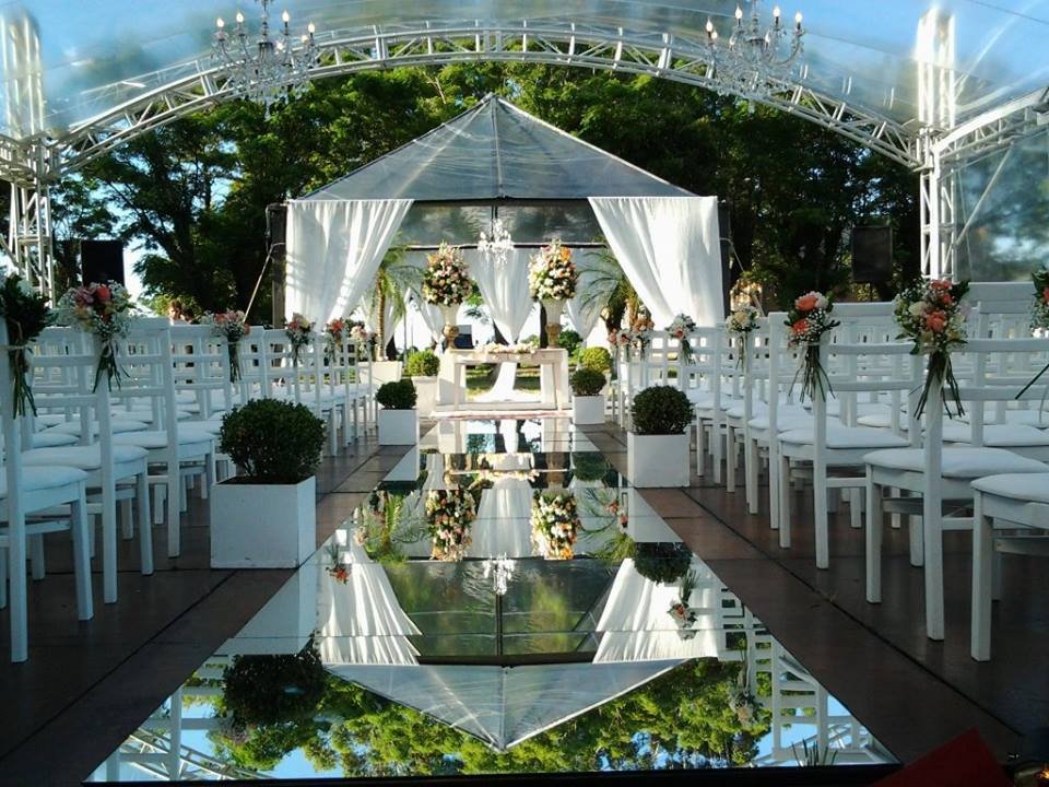 Stage and truss equipment arranged for a live event setup.